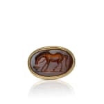 Greek, A Hellenistic carnelian intaglio of horse set in an antique gold fob, circa 1st century BC