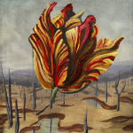 Baden Croft's oil on linen painting 'Colonial Bloom II' wherein a warm orange and red hued tulip surreally blooms forth from a barren landscape.