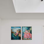 Installation view of Elena Zhao's oil on canvas painting 'Madame Barbie' and 'Budget Pompadour' in the 'Maiden Voyage' exhibition at kellilundberg.art.