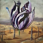 Baden Croft's oil on linen painting 'Colonial Bloom III' wherein a purple and white hued tulip surreally blooms from a barren landscape, available to view at kellilundberg.art on the Mornington Peninsula.