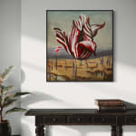 Baden Croft's oil on linen painting 'Colonial Bloom I' displayed hung upon a wall.