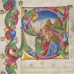 One large and shinning illumianted miniature from a large antiphonary realized in Italy, Venice, c. 1467-1470 for the church of San Giorgio Maggiore. The artwork depicts the Noli me Tangere: the Christ appears to Mary Magdalena, who tries to touch him.