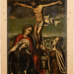 A panel painting from the 16th century depicting the Crucifixion