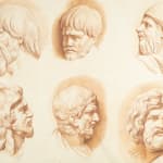 Six profile sketches of bearded men, each with distinct expressions and headwear by female artist Catherine Saint-Ours, daughter of Jean-Pierre Saint-Ours..