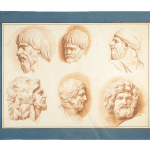Six profile sketches of bearded men, each with distinct expressions and headwear by female artist Catherine Saint-Ours, daughter of Jean-Pierre Saint-Ours..