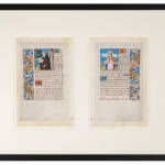 two illuminated leaves from a medieval Book of Hours, with illuminations depictings saints