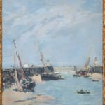 A beautiful seascape with boats in a harbore, painted by Impresionst artist Eugène Boudin