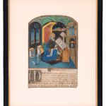 a charming illuminated miniature painting from a luxurious Book of Hours, depicting Saint Luc at his desk