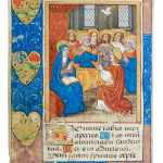 a Renaissance miniature painting depicting the Pentecost, from an illuminated manuscript, with a lot of colors