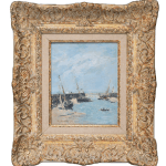 A beautiful seascape with boats in a harbore, painted by Impresionst artist Eugène Boudin
