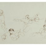 Ink sketch of multiple expressive figures in dynamic poses by Jean-Pierre Saint-Ours.