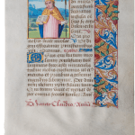 one page from a medieval manuscript, one illumination of saint Nicholas