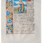 one page from a medieval manuscript, one illumination of saint Claudio
