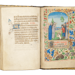 A Book of Hours (use of Rome) produced in Bruges c. 1460 and illuminated by the Mildmay Master. The image shows the illuminated manuscript open on the page of the Raising of Lazarus miniature painting.