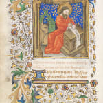 Medieval illuminated manuscript miniature featuring Saint Luke the Evangelist, depicted with a golden halo and red robes within an ornate Gothic architectural frame. The folio is decorated with elaborate marginalia including colorful foliate scrollwork in gold, blue, and green, small flowers, and decorative borders. Latin text appears below the miniature. The artwork demonstrates typical 15th-century manuscript illumination techniques with gold leaf, vibrant pigments, and intricate decorative elements. Artwork by the Master of the Vienna Roman de la Rose. La Gabrielle Fine Arts SA, Geneva.