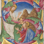 A detail of a large and shinning illumianted miniature from a large antiphonary realized in Italy, Venice, c. 1467-1470 for the church of San Giorgio Maggiore. The artwork depicts the Noli me Tangere: the Christ appears to Mary Magdalena, who tries to touch him.