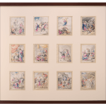 Framed collection of twelve small, colorful watercolor painted by Leonaert Bramer and depicting various scenes of the life of Christ.