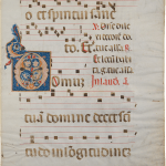 one medieval Italian illuminated manuscript leaf, from a antiphonal, with a richly decorated initial