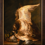 an old master painting depicting a still life with dead birds, with a large duck in the middle