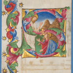 One large and shinning illumianted miniature from a large antiphonary realized in Italy, Venice, c. 1467-1470 for the church of San Giorgio Maggiore. The artwork depicts the Noli me Tangere: the Christ appears to Mary Magdalena, who tries to touch him.