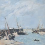 A beautiful seascape with boats in a harbore, painted by Impresionst artist Eugène Boudin