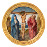 Christ crucified with Mary and John: a medallion from a lost painting of Our Lady of the Rosary, executed in Brussels c. 1500 by the Master of the Orsoy Altarpiece, important artist from the workshop of Colijn de Coter
