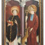 A large and fascinating late medieval fragment of a German altarpiece depicting saint Valentine with a book and on the left, and saint Giles with his wounded deer on the right side. The painting shows bright colors and mysterious stylistic characteristics. 15th century southwest German artist.