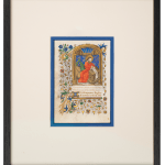 Medieval illuminated manuscript miniature featuring Saint Luke the Evangelist, depicted with a golden halo and red robes within an ornate Gothic architectural frame. The folio is decorated with elaborate marginalia including colorful foliate scrollwork in gold, blue, and green, small flowers, and decorative borders. Latin text appears below the miniature. The artwork demonstrates typical 15th-century manuscript illumination techniques with gold leaf, vibrant pigments, and intricate decorative elements. Artwork by the Master of the Vienna Roman de la Rose. La Gabrielle Fine Arts SA, Geneva.