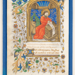 Medieval illuminated manuscript miniature featuring Saint Luke the Evangelist, depicted with a golden halo and red robes within an ornate Gothic architectural frame. The folio is decorated with elaborate marginalia including colorful foliate scrollwork in gold, blue, and green, small flowers, and decorative borders. Latin text appears below the miniature. The artwork demonstrates typical 15th-century manuscript illumination techniques with gold leaf, vibrant pigments, and intricate decorative elements. Artwork by the Master of the Vienna Roman de la Rose. La Gabrielle Fine Arts SA, Geneva.