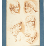 Five profile sketches of men with various headwear and facial hair, showcasing classical features by female artist Catherine Saint-Ours, daughter of Jean-Pierre Saint-Ours.
