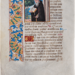 one page from a medieval manuscript, one illumination of saint Anthony