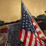 Stephen Towns, The Parade, 2021, Acrylic, oil, metal leaf, copper leaf on panel, 48 x 60 in