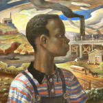 child in a landscape with a factory and river