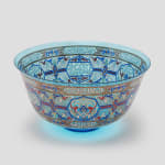 Philippe-Joseph BROCARD (1831-1896) Mamluk-style enameled and gilded blue glass basin, circa 1880 signed ‘Brocard Paris’ turquoise blue glass basin with Kufic inscriptions in cartouches, decorated with stylized flowers 16 x 31 x 31 cm