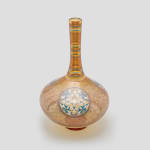 Philippe-Joseph BROCARD (1831-1896) Enameled and gilded glass long-necked bulbous vase, circa 1880 signed ‘Brocard Paris’ amber glass long-necked bulbous vase, with blue and white enameled foliage motifs in medallions 43 x 26 x 26 cm