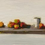 still life oil painting of an orange, followed by a pile of apples, and then a cup with one fruit next to it, placed next to each other on. long gray board in front of a white background.
