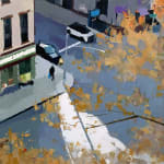 impressionistic scene of city street in shades of blue and orange
