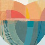 abstract painting with two primary sections, divided near the center horizontally. The top is shades of peach color, and the bottom is different shades of cyan. the shape that the two together resemble is a heart, cropped at the borders, and the background colors are very pale blues and greens.
