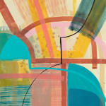 abstract painting of blocky shapes, in white, yellow, red, and cyan colors.