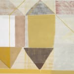 abstract painting with rough brushstrokes and bold shapes in muted shades of yellow, gray, red, and brown