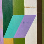 abstract painting with bold geometry and bright pinks, greens, yellows, and purple