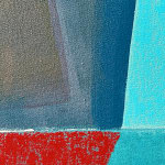 detail photo of a painting showing blue colors meeting at a cross-section with red.