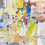 abstract oil painting made up of very light colors, mainly yellow in tone. Many small, rectilinear brushstrokes are used, and there is a moment of more saturated colors in the upper middle.