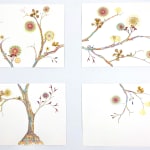 six panel mixed media watercolor and collage of tree of intricate flowers and snails on white background
