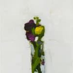 painting of impressionistic purple and yellow flowers in a vase on a white background