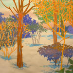 Painting of yellow, purple, and orange trees in the winter, with the ground covered in snow.