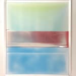 abstract painting with glossy stripes of blue, red, and green