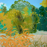 Painting of dark and light green trees, with smaller branches and bushes of orange and yellow in the foreground.