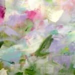 detail of abstract painting with energetic brushstrokes in shades of green, pink, and blue