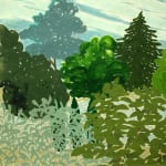 Painting of trees of dark green in the background with smaller plants in lighter shades in the bottom half of the painting.